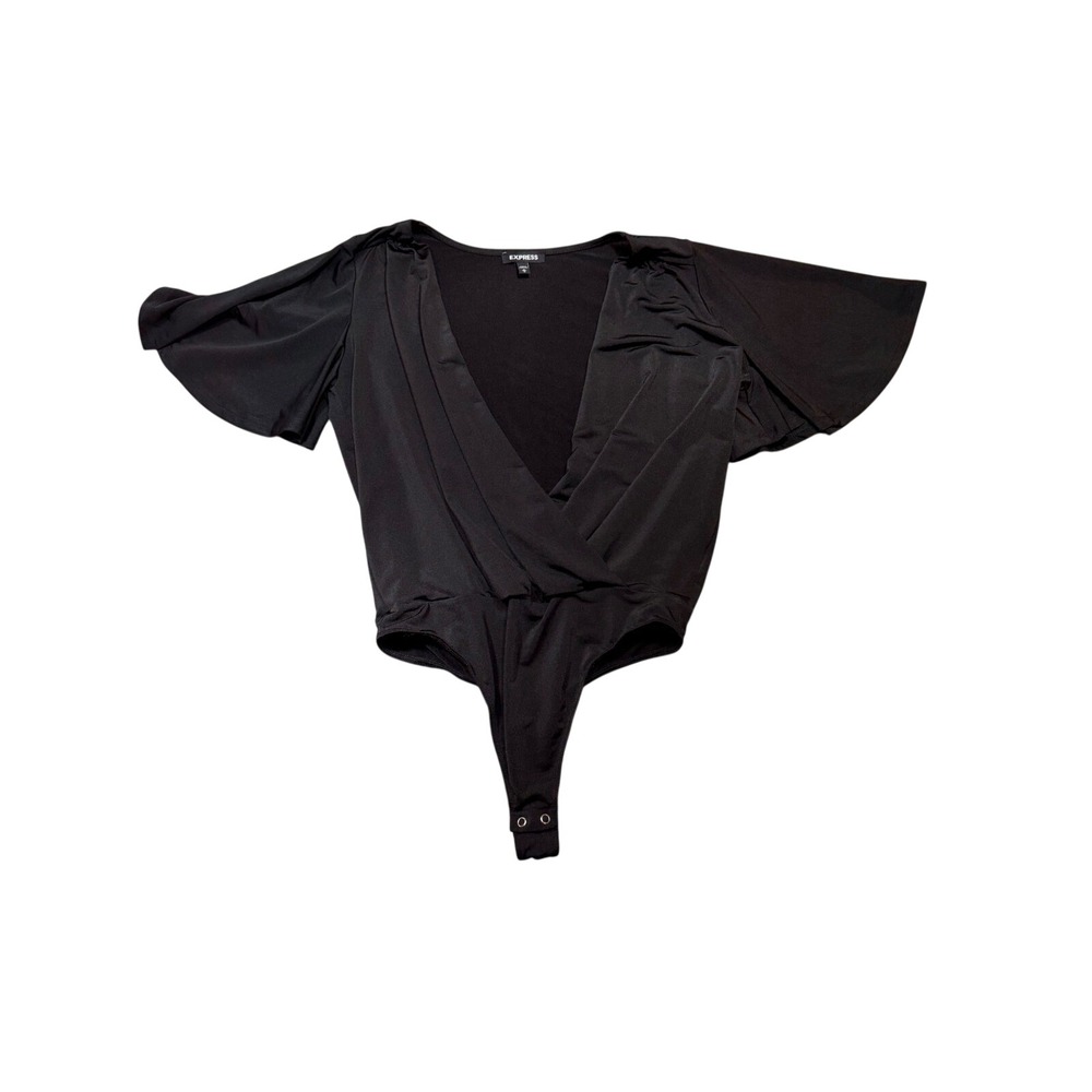 Black Deep V-Neck Surplice Wrap Flutter Sleeve Thong Bodysuit Medium